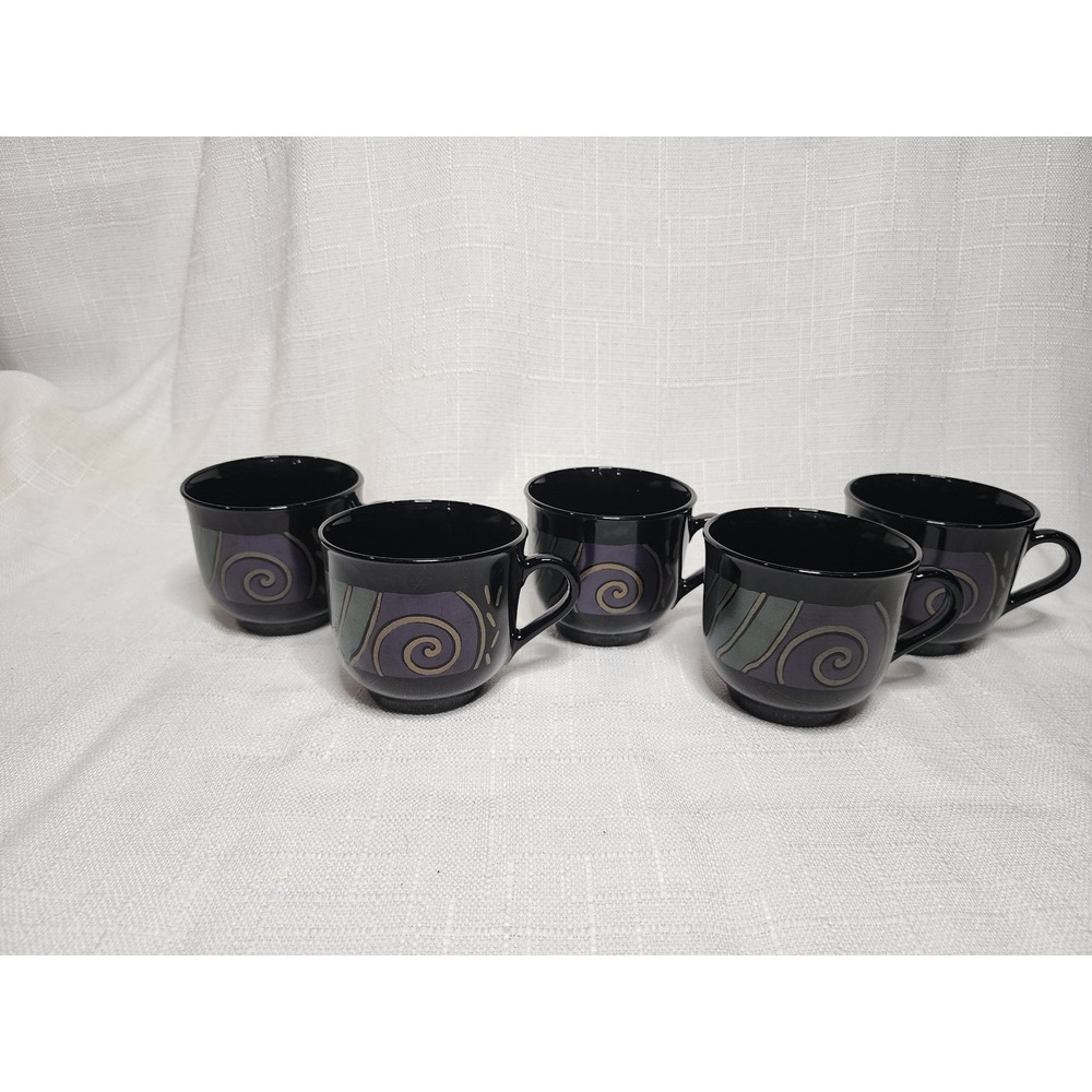 Vintage ARC France Black Glass Coffee Mugs Set of 5 Abstract Spiral Gold Teal